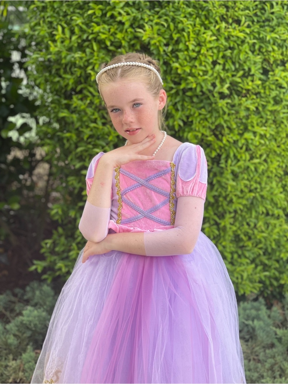 Girls' Pink and Lavender Princess Tulle Dress with Gold Trim - Picture 5 of 9